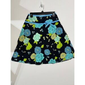 George Floral A-Line Skirt Womens 6 Black Blue Cotton Bow Trim Garden Party